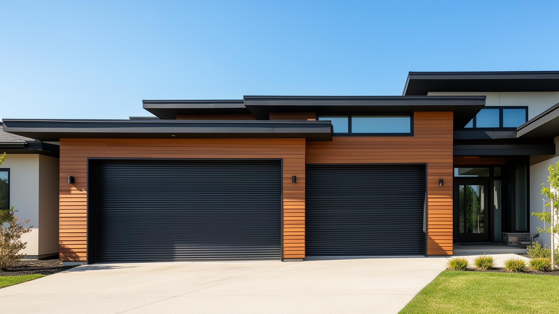 Modern prairie style home with industrial ribbed steel garage doors in Spanaway, Washington