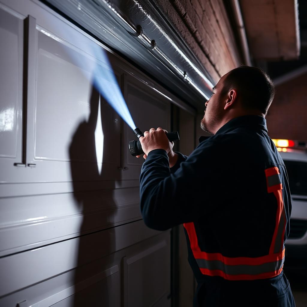 Emergency garage door repair technician responding at night with flashlight