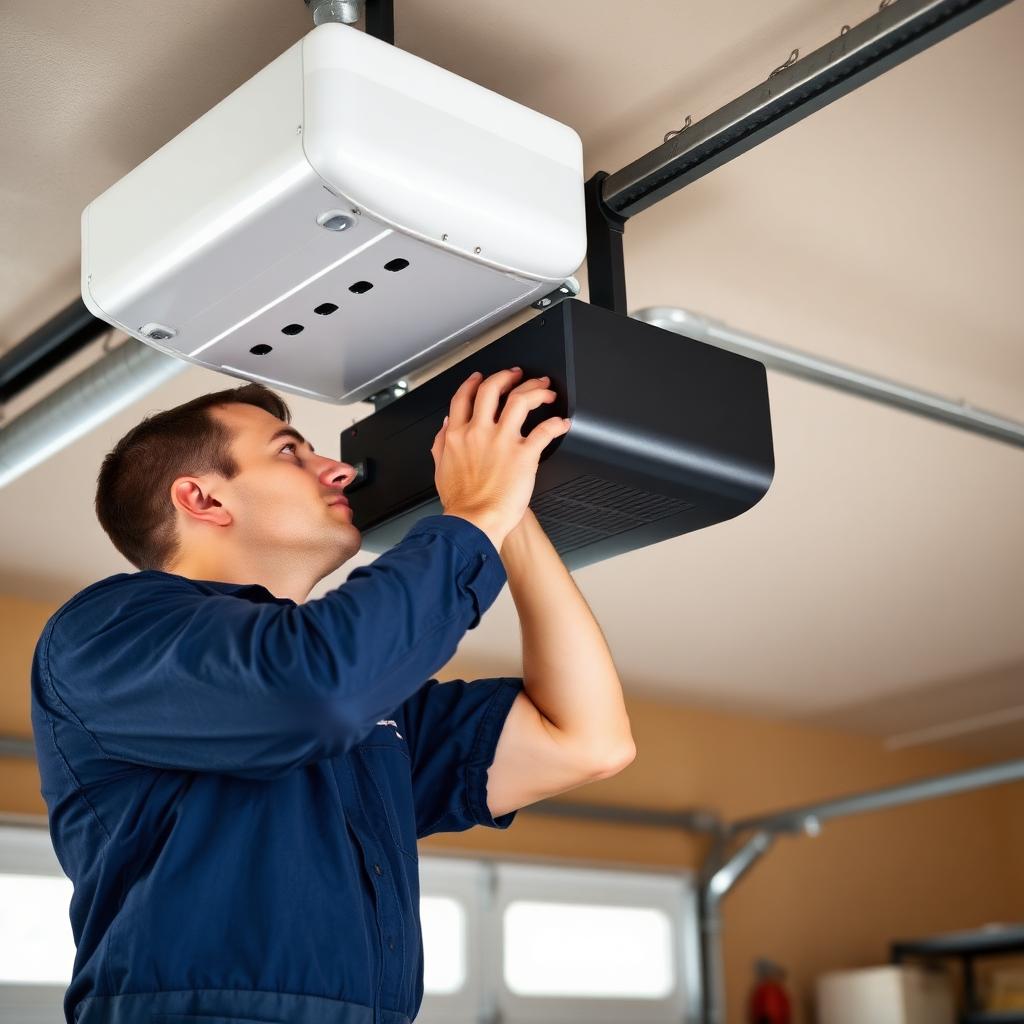 Professional technician installing garage door opener motor in Spanaway home