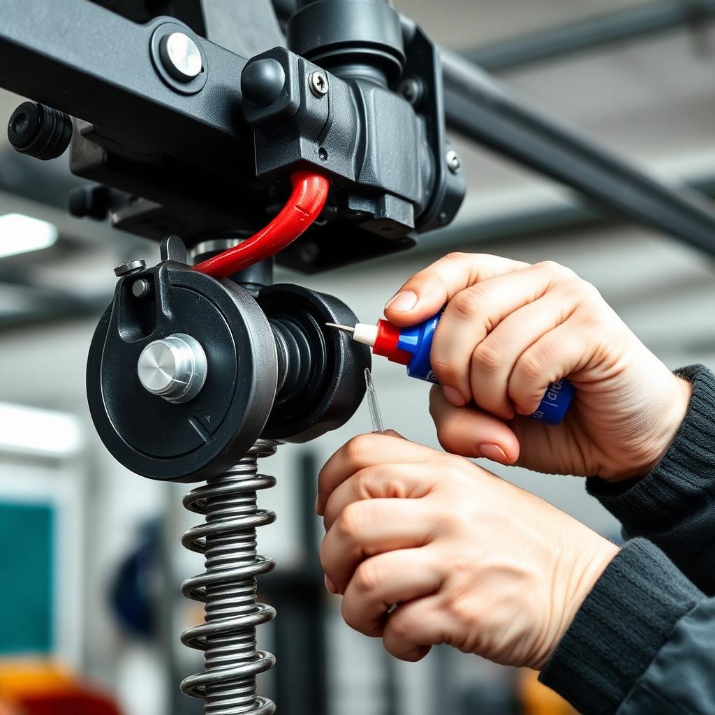 Close-up of garage door spring and bearing lubrication maintenance service