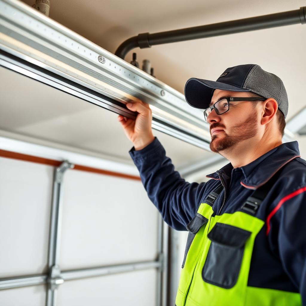 Technician adjusting garage door track alignment for smooth operation